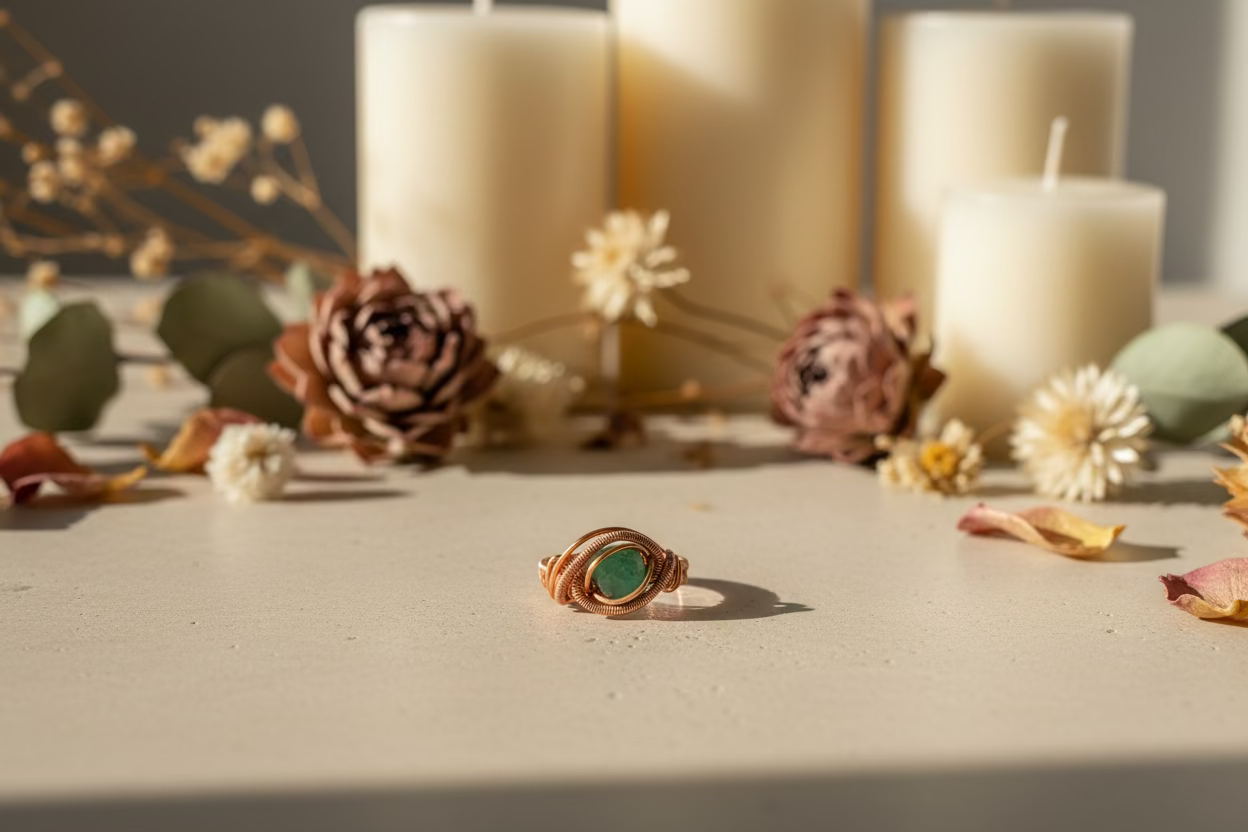 Green Aventurine Copper Wire Wrapped Ring – Adjustable Handmade Gemstone Ring (Sizes 6–9)