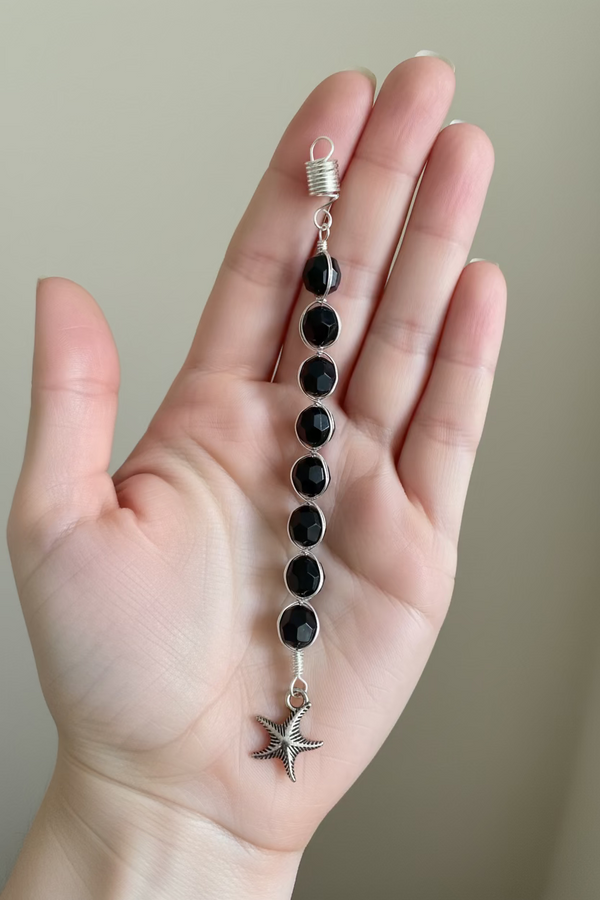 Midnight Starfish Hair Charm – Black Faceted Glass Beads Silver Wire Hair Braid Accessory