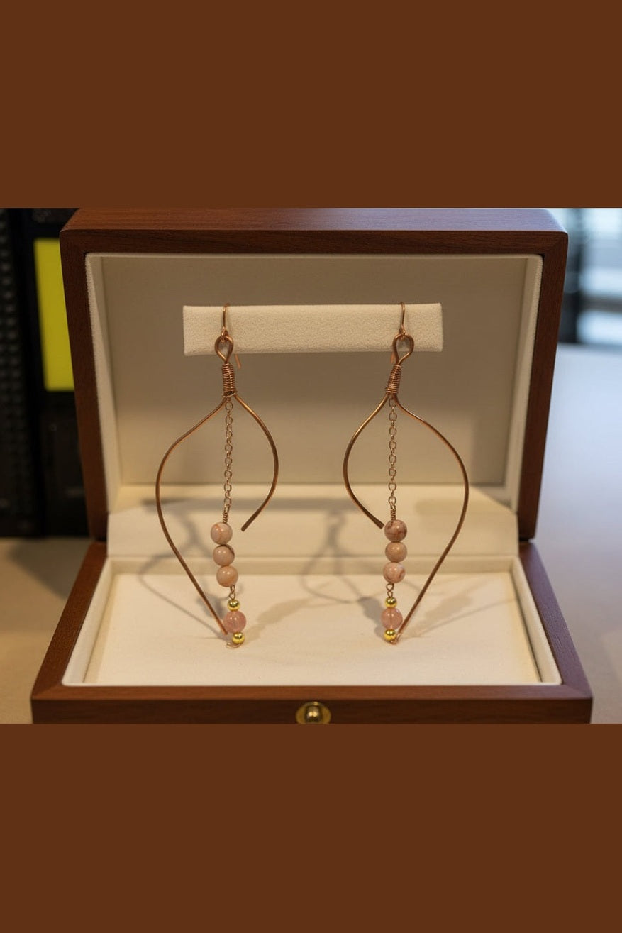 Handmade Copper Teardrop Earrings with redline jasper – Minimalist Boho Dangle Earrings Gift for Her