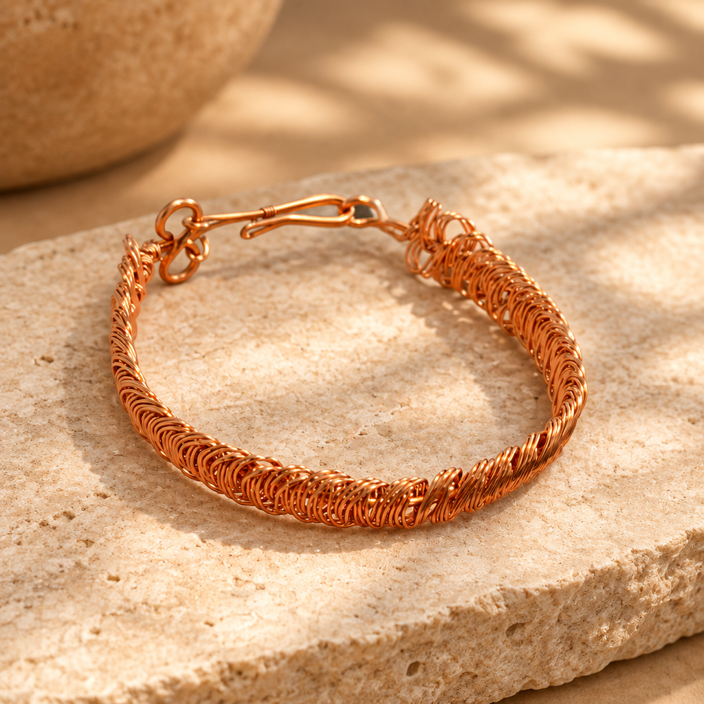 Handmade copper bracelet photographed in a warm neutral jewellery studio setting