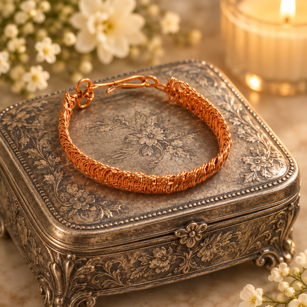 Handmade woven copper wire bracelet luxury flat lay on a jewelry box