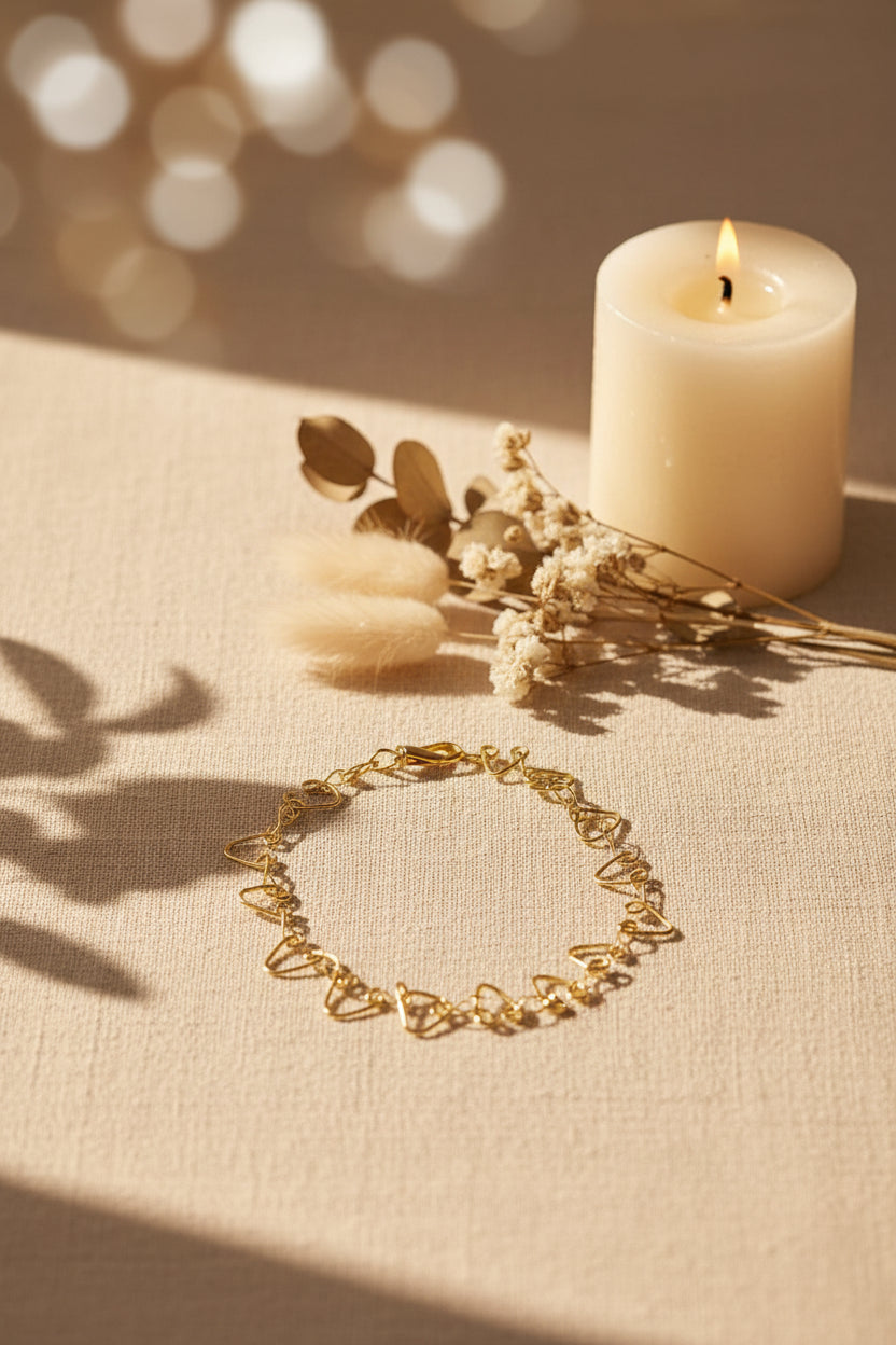 Gold coloured bracelet with heart-shaped links on a luxury layout.