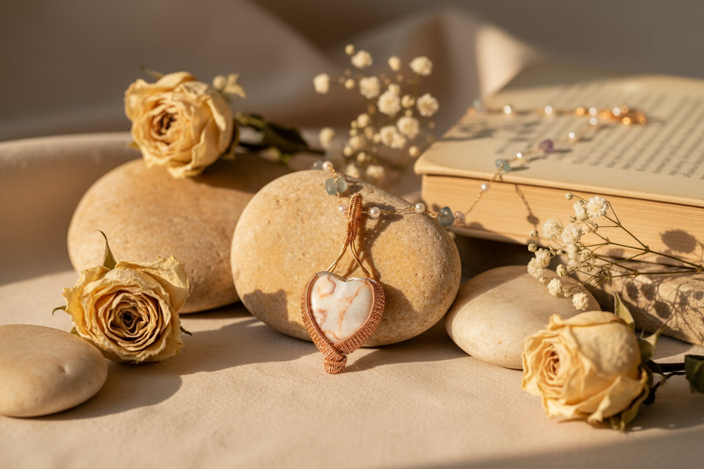 Heart-Shaped Natural Rock Pendant – Copper Wire Wrapped (2")