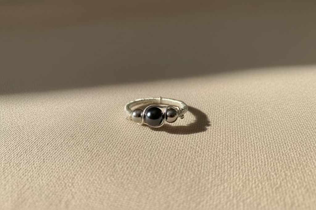 Hematite Ring – Natural Stone with Silver Beads & Wire