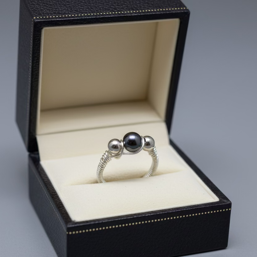 Hematite Ring – Natural Stone with Silver Beads & Wire