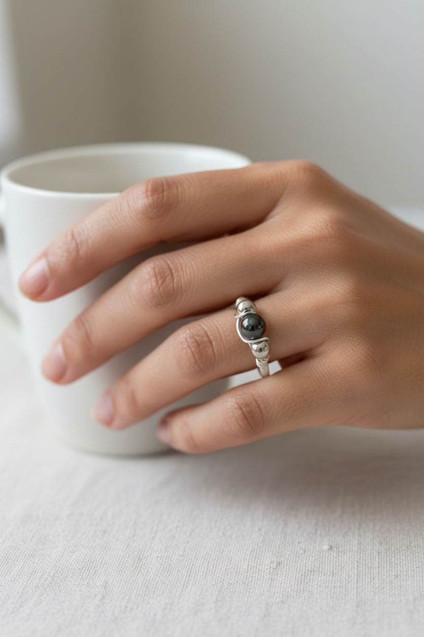 Hematite Ring – Natural Stone with Silver Beads & Wire