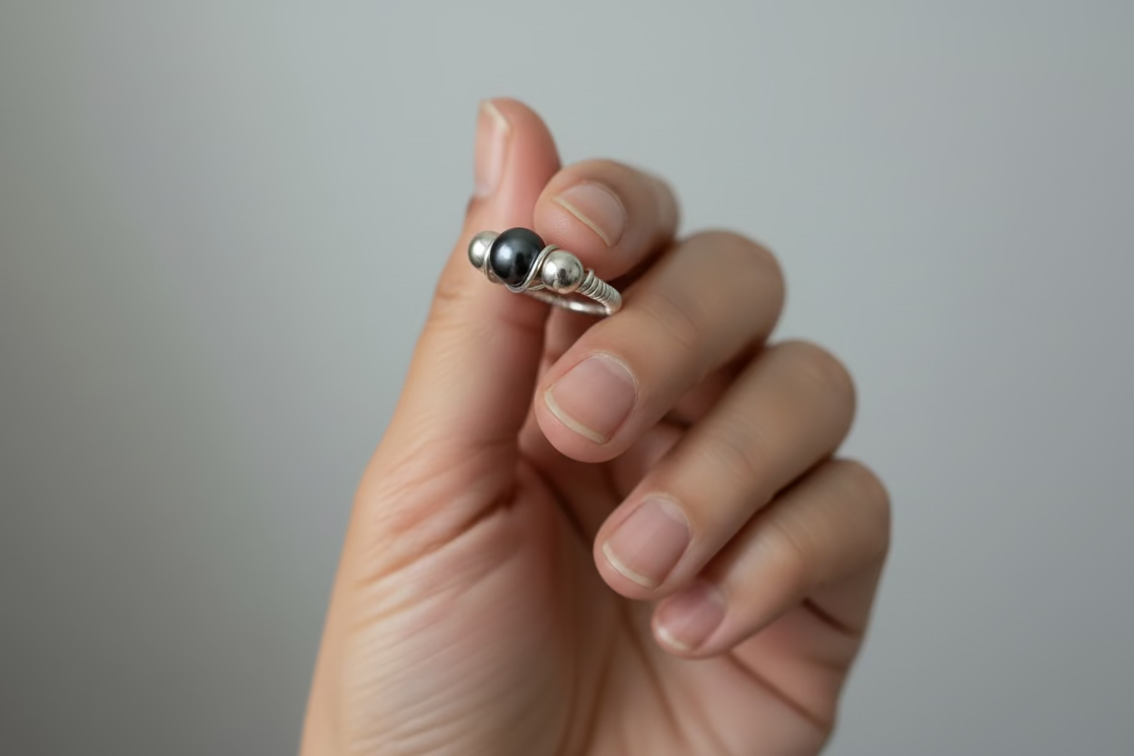 Hematite Ring – Natural Stone with Silver Beads & Wire