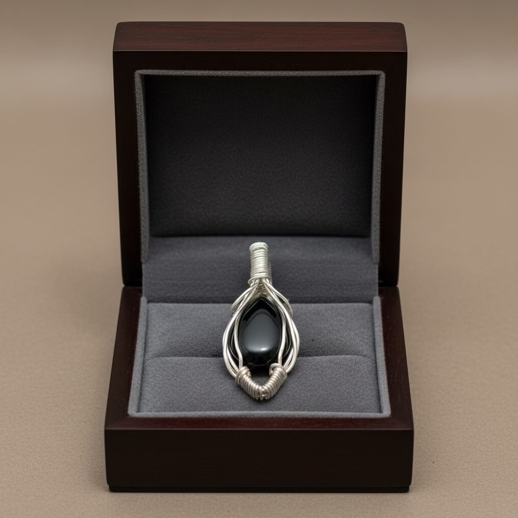Black Cabochon Pendant – Silver-Toned Copper Wire Wrapped (4 cm)