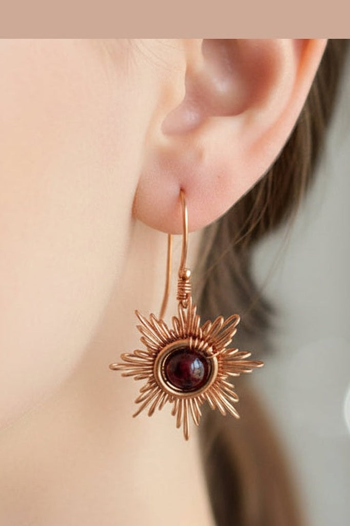 Sunrays Statement Earrings – Natural Red Agate or Yellow Jade in Handwrapped Copper