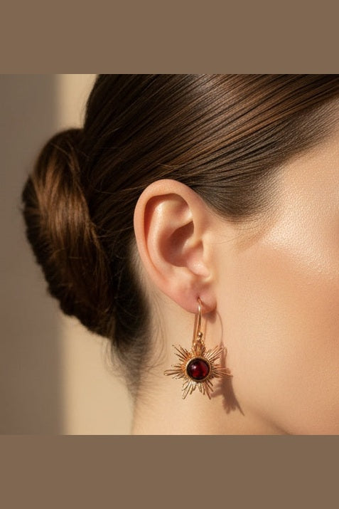 Sunrays Statement Earrings – Natural Red Agate or Yellow Jade in Handwrapped Copper