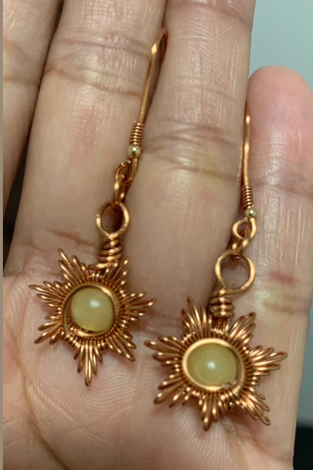 Sunrays Statement Earrings – Natural Red Agate or Yellow Jade in Handwrapped Copper