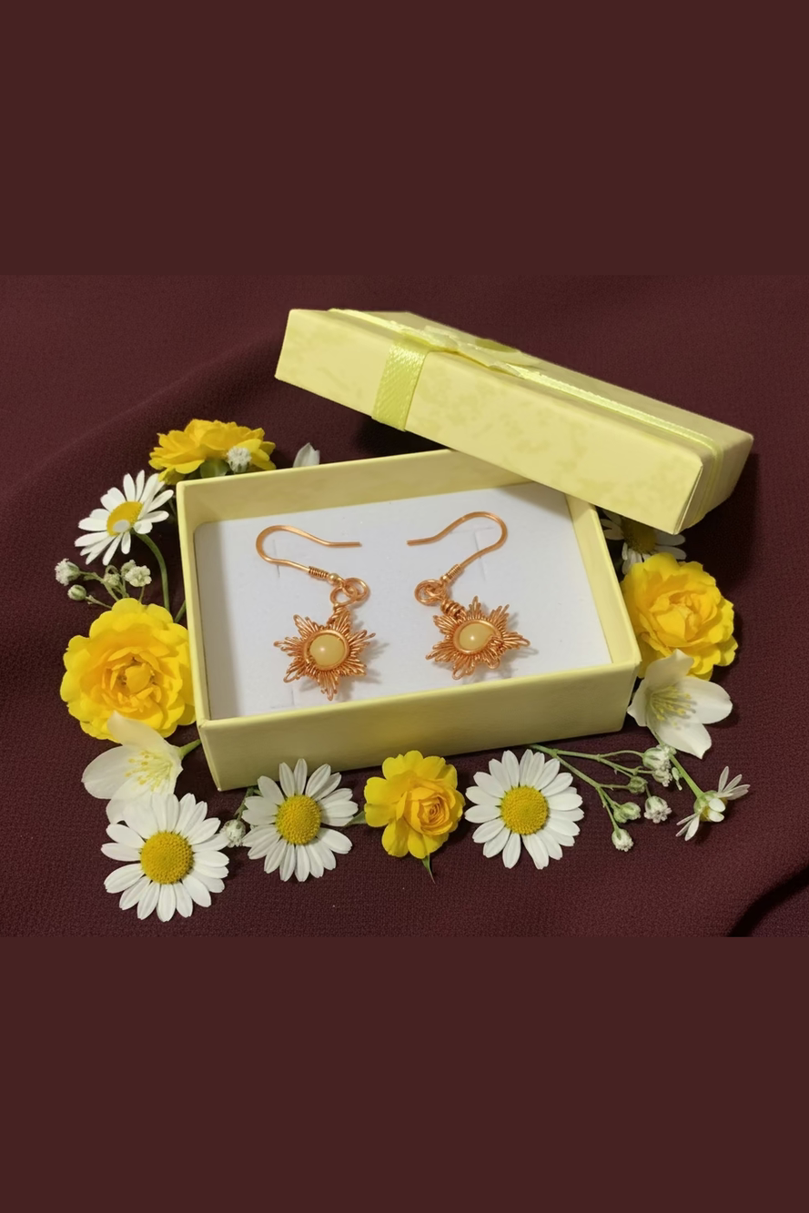 Sunrays Statement Earrings – Natural Red Agate or Yellow Jade in Handwrapped Copper