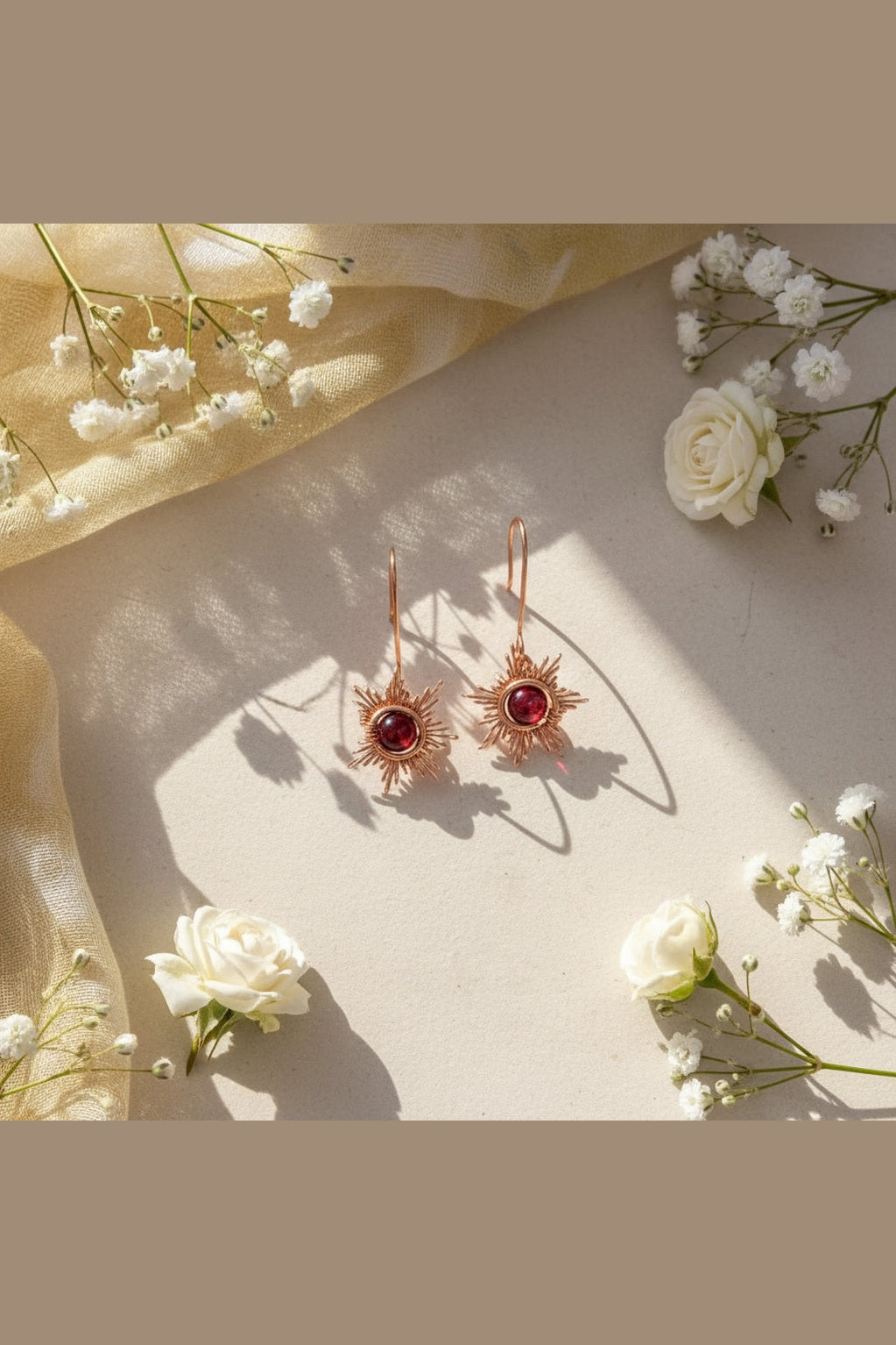 Sunrays Statement Earrings – Natural Red Agate or Yellow Jade in Handwrapped Copper