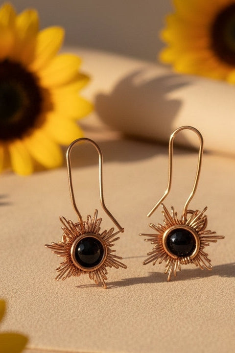 Sunrays Statement Earrings – Natural Red Agate or Yellow Jade in Handwrapped Copper