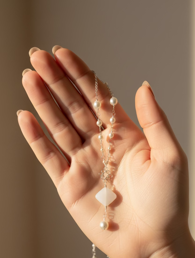 Close-up of a handcrafted silver-toned copper necklace with white pearl beads, a white center bead, and a pearl bead drop resting in an open hand.