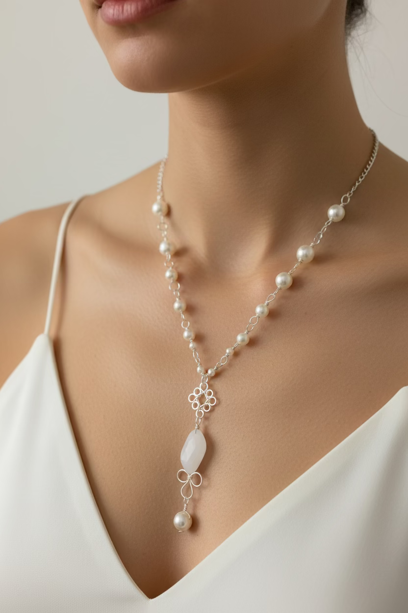 Handcrafted silver-toned copper necklace with white pearl beads and a white center bead, worn on a model with a delicate pearl drop pendant.