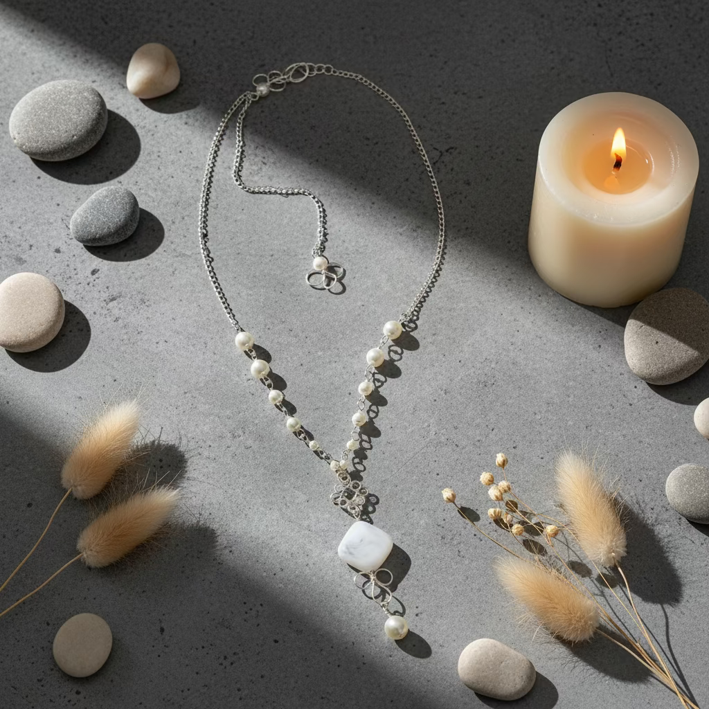 Silver-toned copper pearl bead necklace arranged on a flat surface, showcasing the handcrafted wire details and elegant white centerpiece.