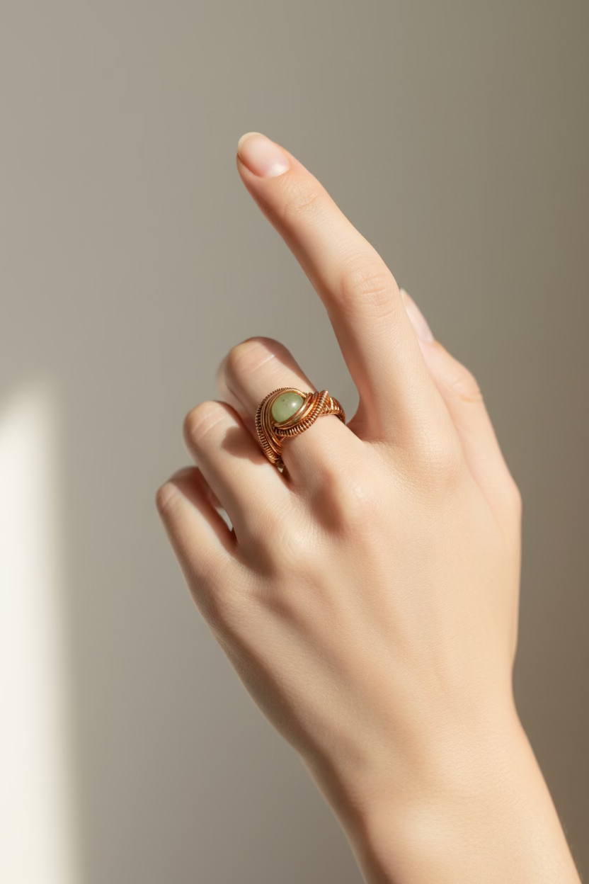 Model wearing the Jade Tide handmade green jade copper wire wrapped ring, highlighting its elegant fit and nature-inspired design