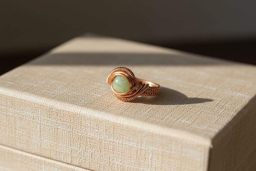 Handmade green jade copper wire wrapped ring resting on a textured linen jewelry box, featuring the Jade Tide design by Alchemy of Jewels.