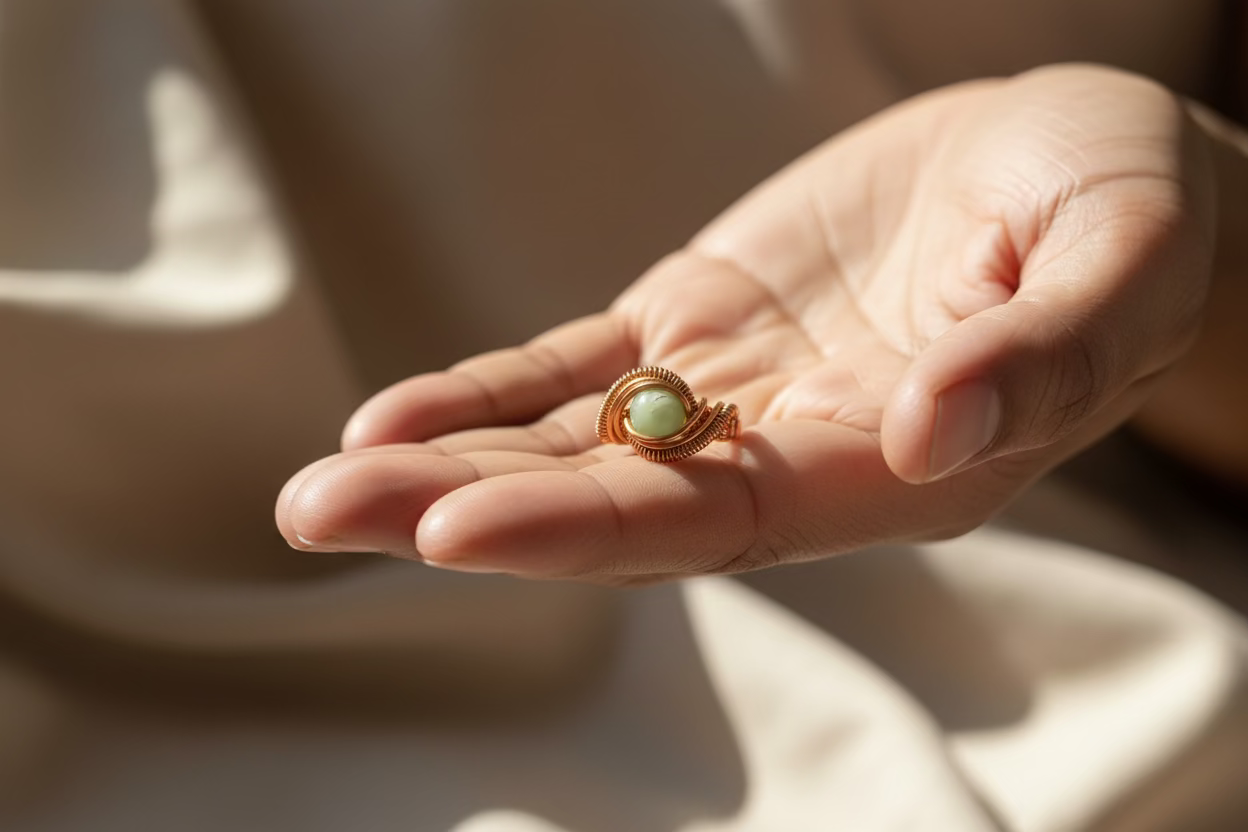 Handmade Jade Tide green jade copper wire wrapped ring displayed in the palm of a hand, showcasing its artisan craftsmanship and natural elegance.
