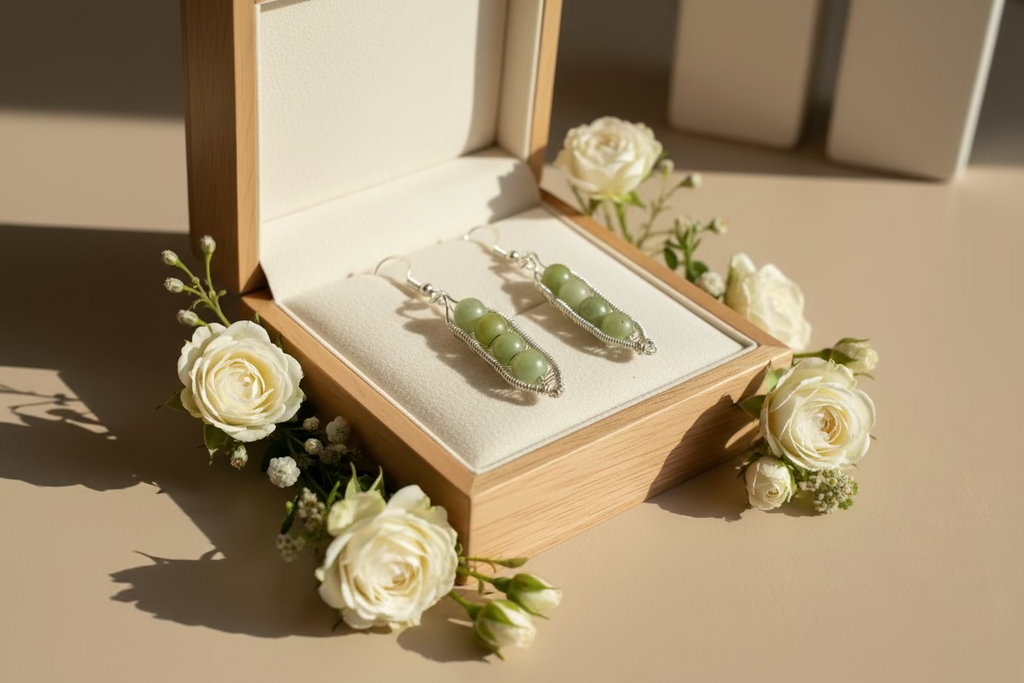 Green Jade Pea Pod Earrings – Handwrapped Wire Jewelry – Nature Inspired Dangle Earrings – Gift for Her
