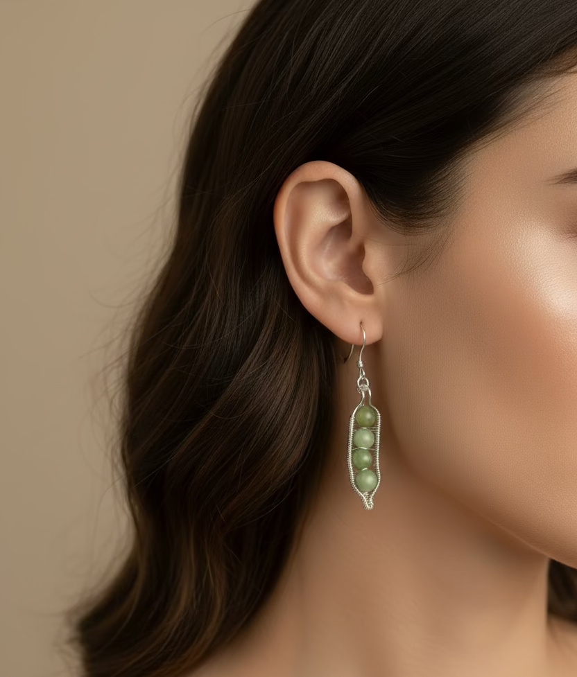 Green Jade Pea Pod Earrings – Handwrapped Wire Jewelry – Nature Inspired Dangle Earrings – Gift for Her