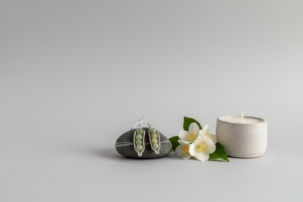 Green Jade Pea Pod Earrings – Handwrapped Wire Jewelry – Nature Inspired Dangle Earrings – Gift for Her