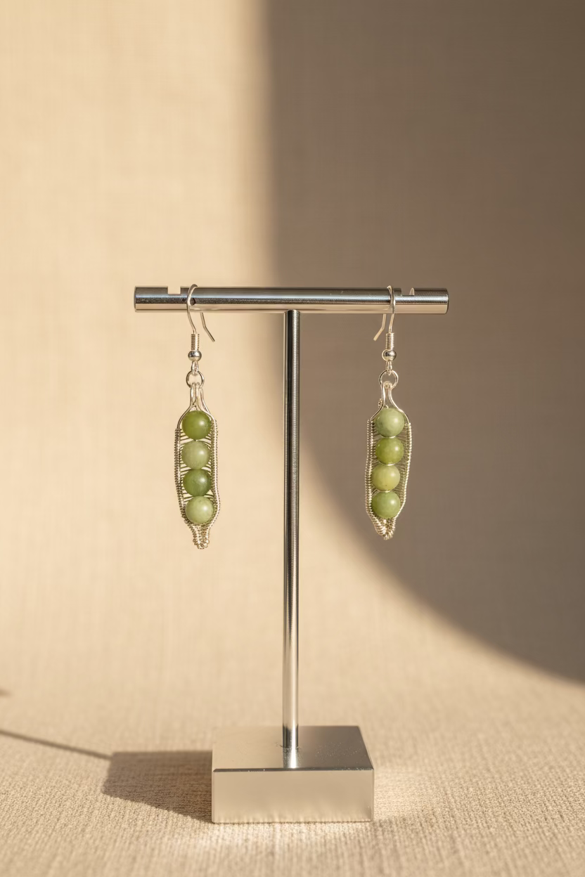 Green Jade Pea Pod Earrings – Handwrapped Wire Jewelry – Nature Inspired Dangle Earrings – Gift for Her
