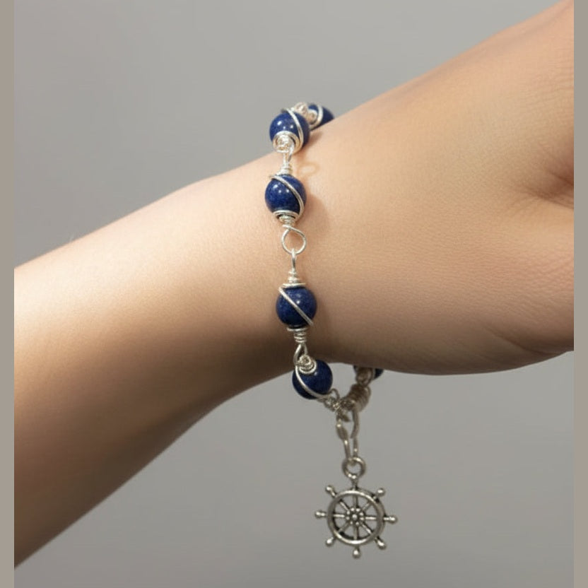 Handmade blue jasper bracelet with nautical ship wheel charm – Alchemy of Jewels