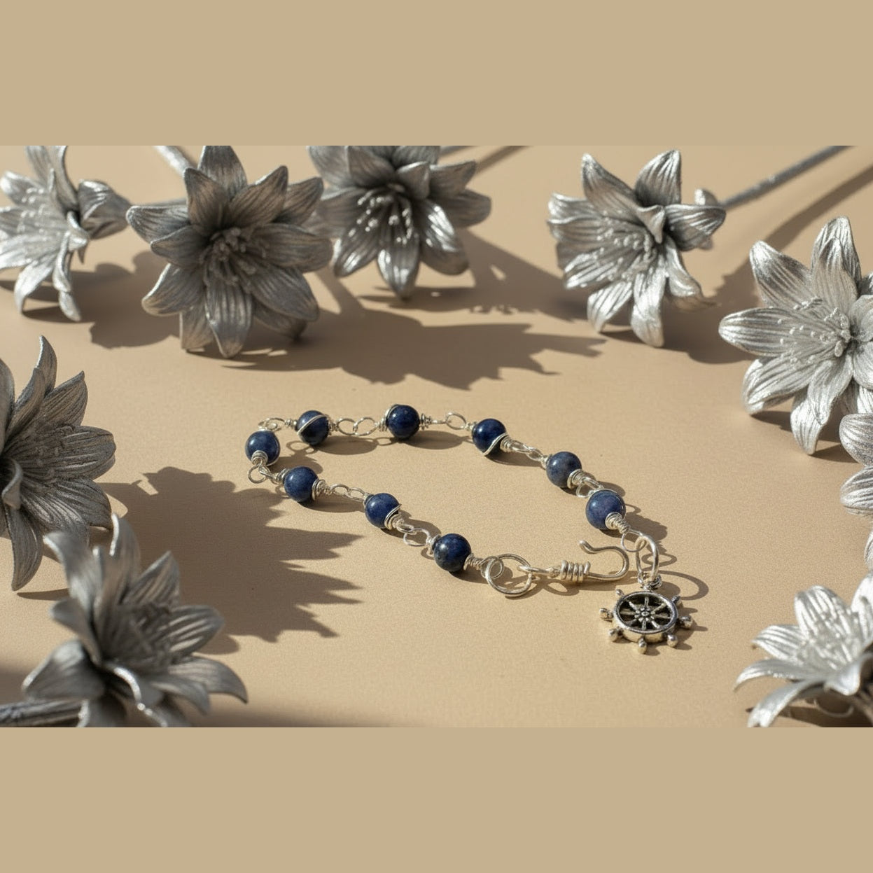 Artisan wire-wrapped blue jasper bracelet close-up