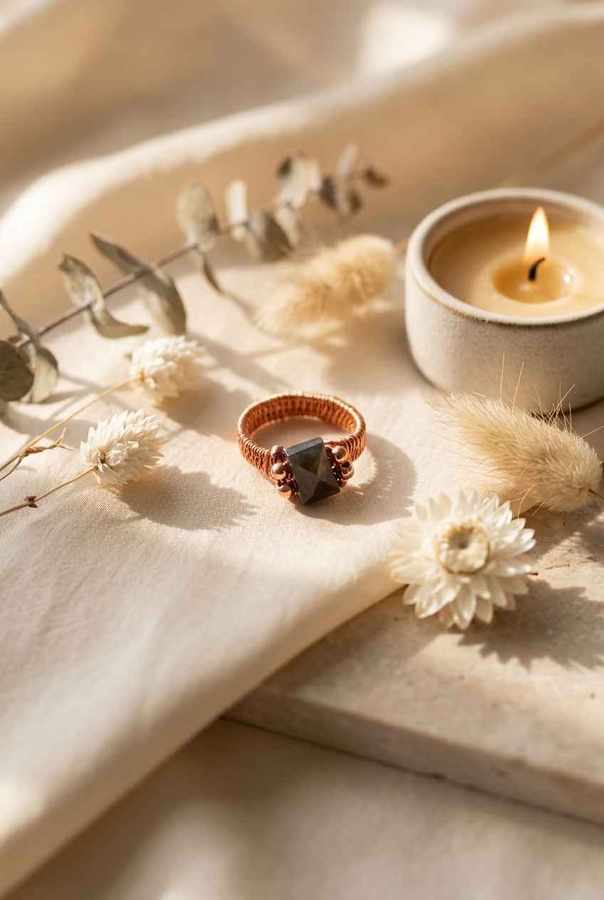 Presenting arectangular faceted labradorite gemstone set in a textured copper wire ring with copper accent beads.