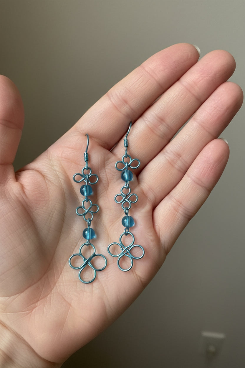 Handmade light Blue Wire Wrap Dangle Earrings – Elegant Lightweight Statement Jewelry