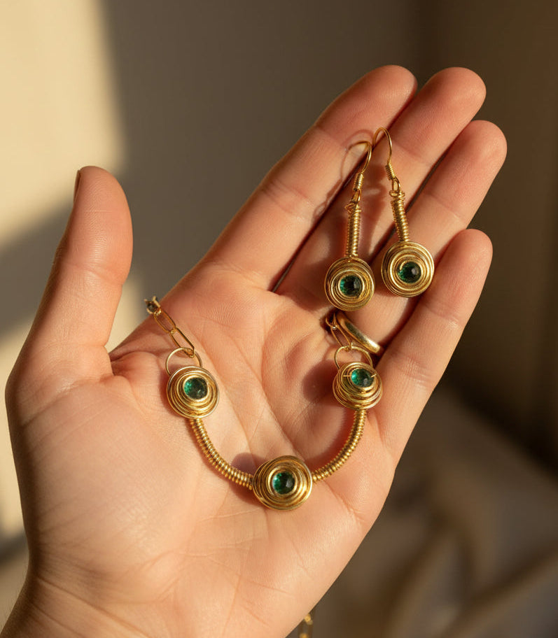 Aqua Blue Glass Bead Jewelry Set | Handmade Copper Wire Necklace & Earrings