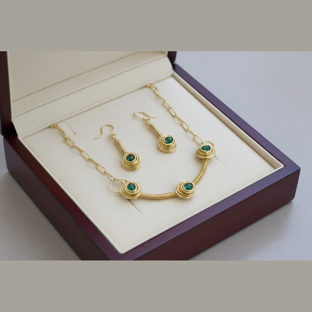 Aqua Blue Glass Bead Jewelry Set | Handmade Copper Wire Necklace & Earrings