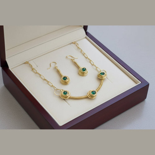 Aqua Blue Glass Bead Jewelry Set | Handmade Copper Wire Necklace & Earrings