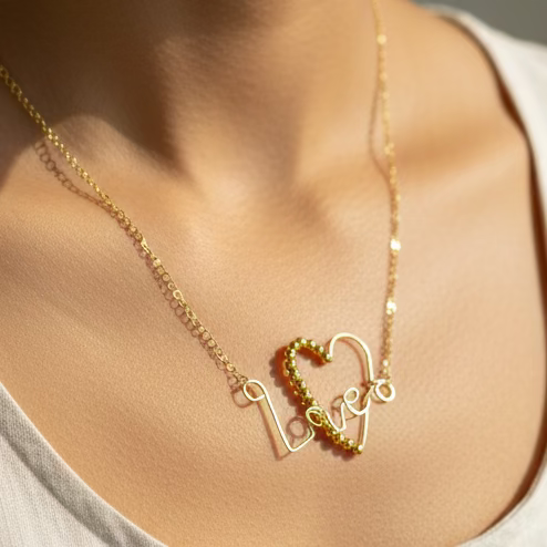 Heart Shape Pendant with Beads & "love" Letter Detail