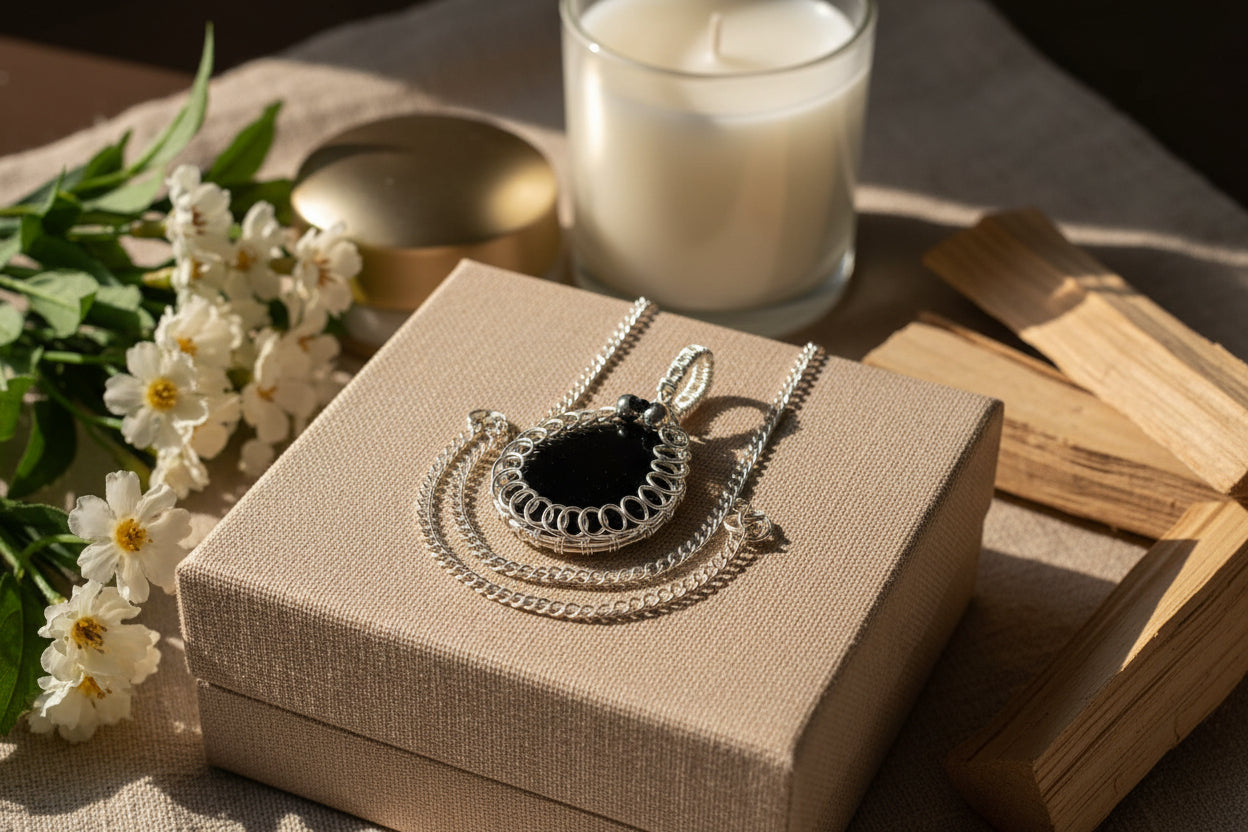 Black resin teardrop pendant with silver-toned wire detailing displayed on an elegant gift box.