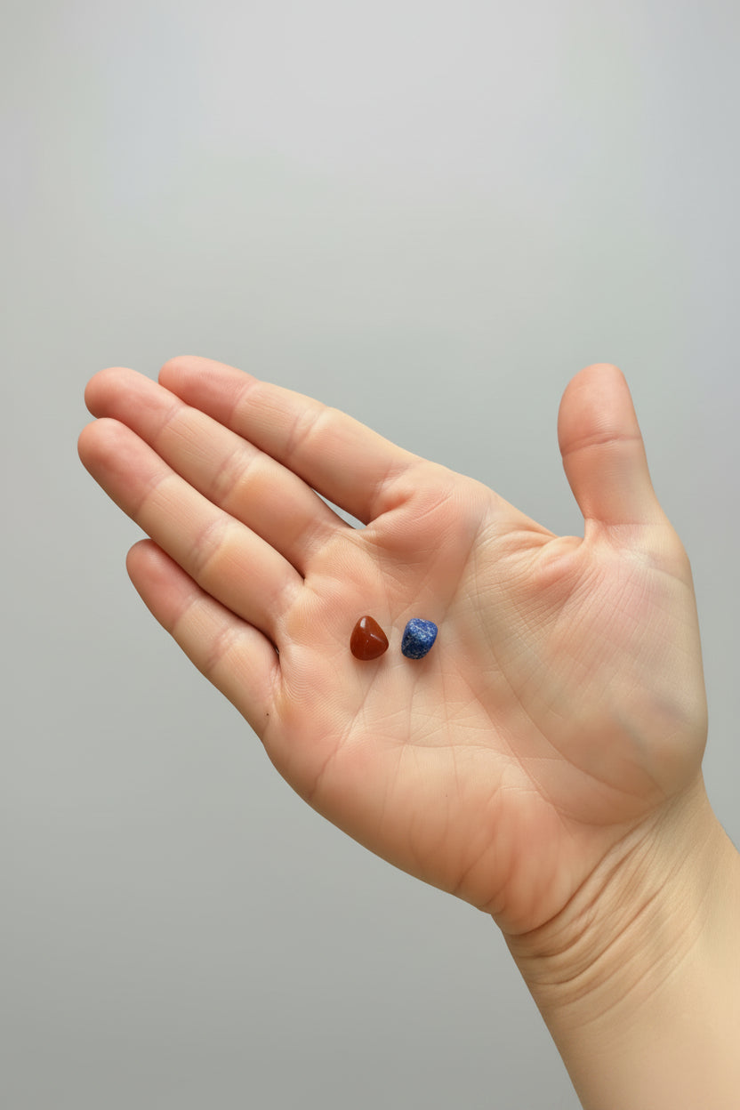 A close-up of a person's open palm holding two small polished gemstones, one reddish-orange and one deep blue, with a blurred background of green houseplants.