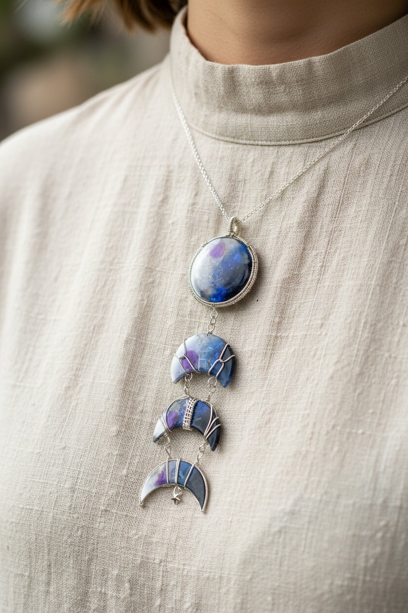 Celestial Moon Phase Necklace – Resin Galaxy Pendant in Wire Wrap (7” Statement Necklace)