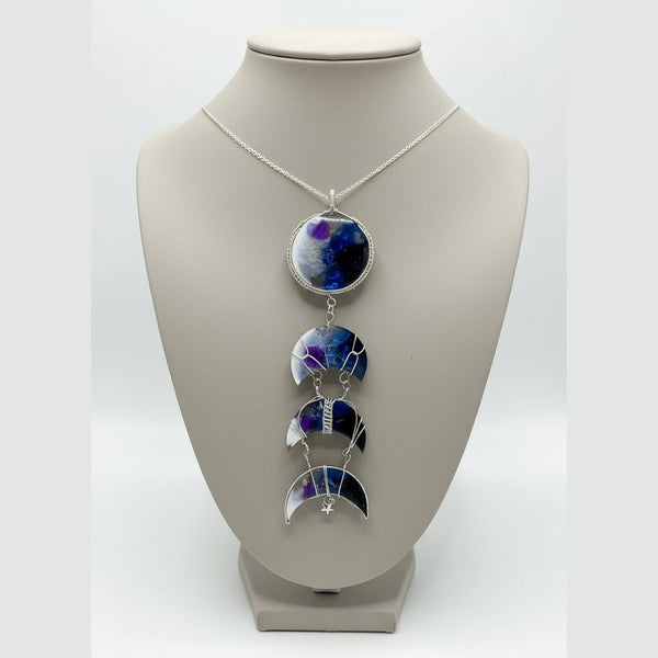 Celestial Moon Phase Necklace – Resin Galaxy Pendant in Wire Wrap (7” Statement Necklace)