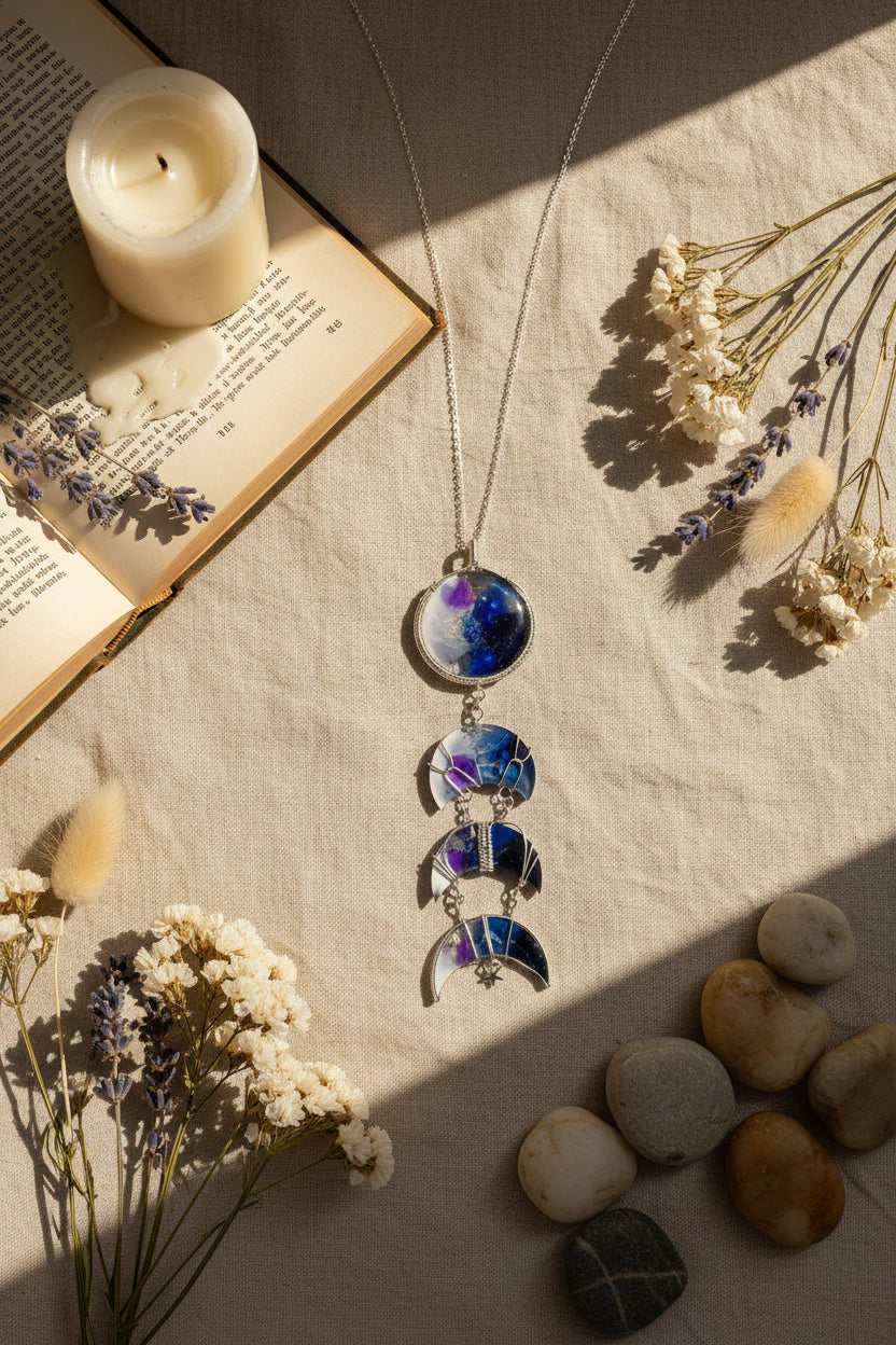Celestial Moon Phase Necklace – Resin Galaxy Pendant in Wire Wrap (7” Statement Necklace)