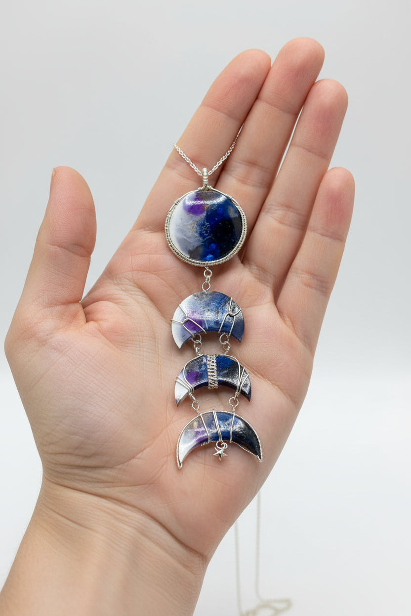 Celestial Moon Phase Necklace – Resin Galaxy Pendant in Wire Wrap (7” Statement Necklace)