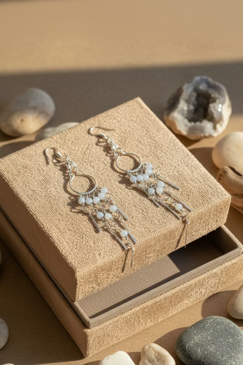 Handcrafted Moonstone Rain chandelier earrings made with natural moonstone beads and silver-toned copper wire, elegantly displayed on a linen jewelry gift box.