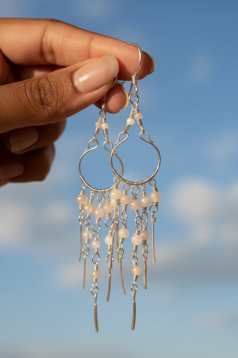 Close-up of handcrafted Moonstone Rain earrings made with natural moonstone beads and silver-toned copper wire, shown against a clear blue sky.