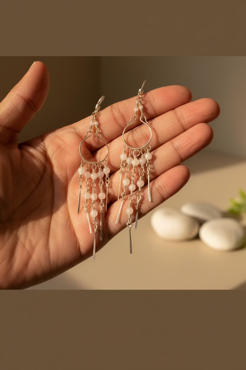 Close-up of handcrafted Moonstone Rain earrings made with natural moonstone beads and silver-toned copper wire, shown against a luxury background