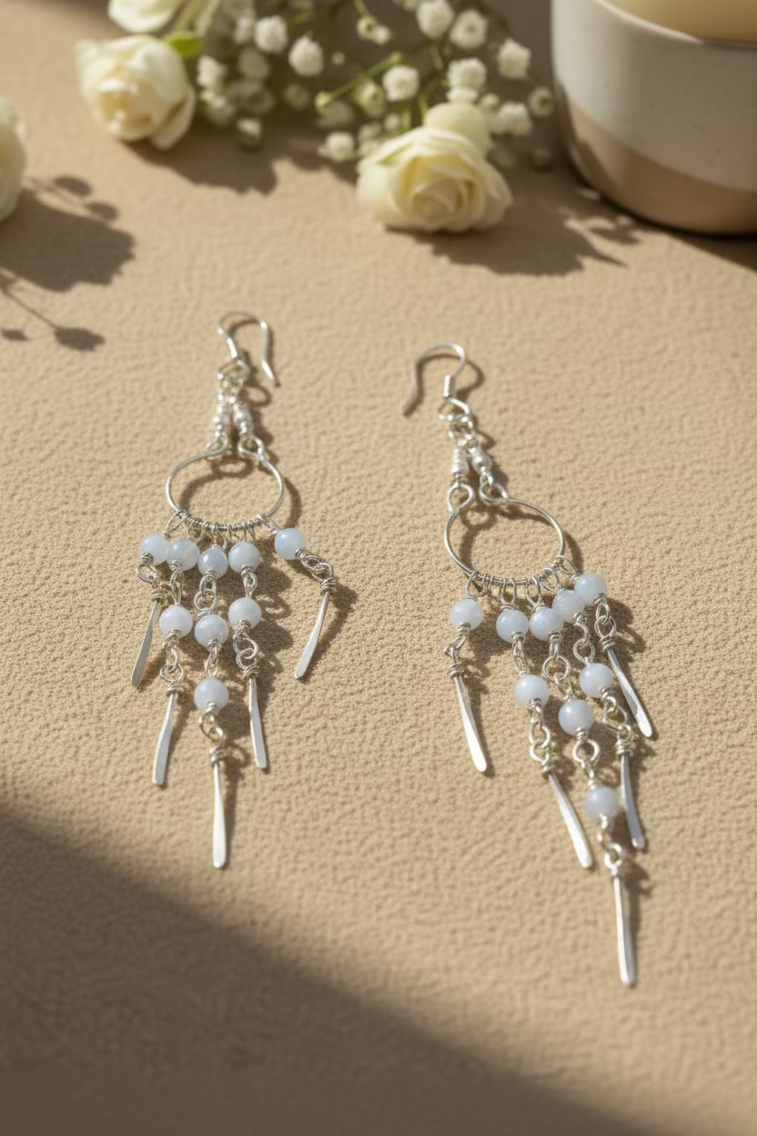 Detailed view of Moonstone Rain chandelier earrings featuring genuine moonstone beads, intricate wire wrapping, and delicate cascading chains.