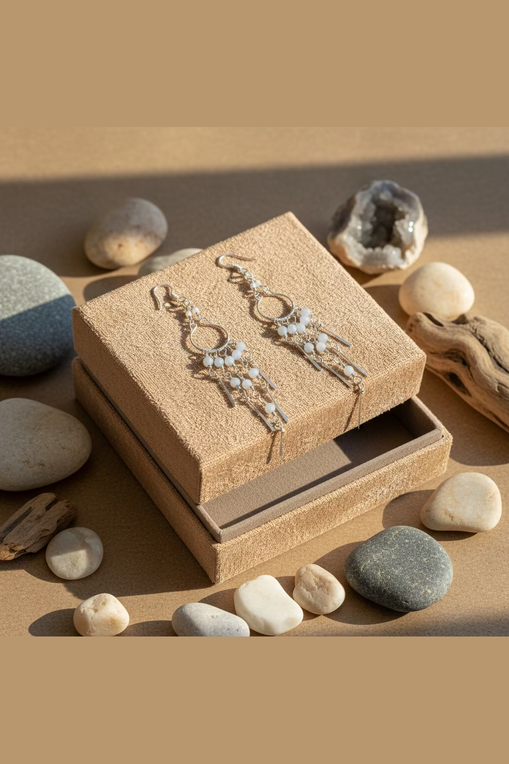 Moonstone Chandelier Earrings – Handmade Silver-Toned Copper Wire Dangle Earrings – Boho Feminine Jewelry Gift