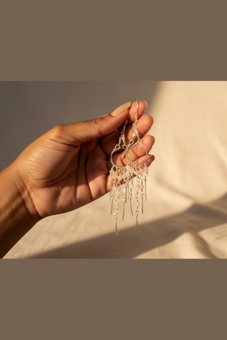 Moonstone Chandelier Earrings – Handmade Silver-Toned Copper Wire Dangle Earrings – Boho Feminine Jewelry Gift
