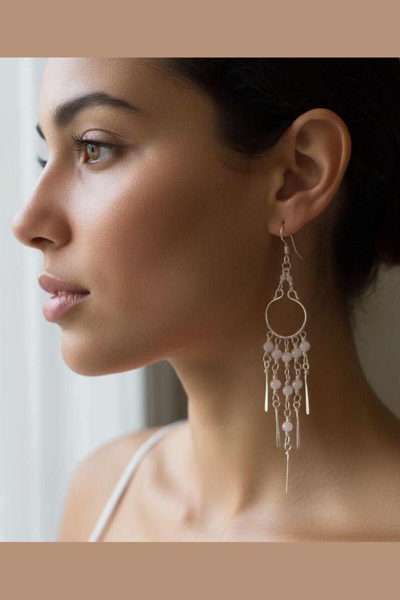 Moonstone Chandelier Earrings – Handmade Silver-Toned Copper Wire Dangle Earrings – Boho Feminine Jewelry Gift