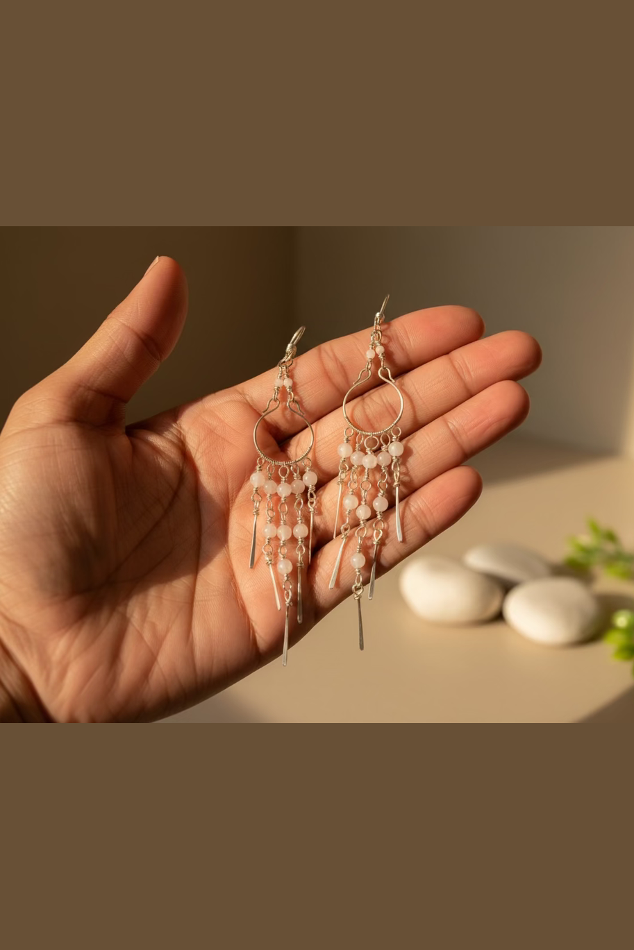 Moonstone Chandelier Earrings – Handmade Silver-Toned Copper Wire Dangle Earrings – Boho Feminine Jewelry Gift